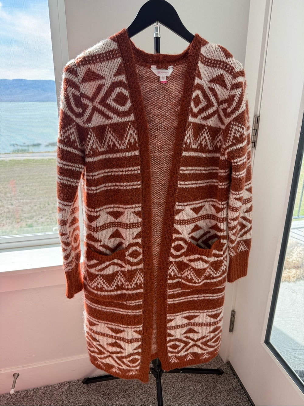 No Boundaries Rust & Cream Open-Front Patterned Cardigan
